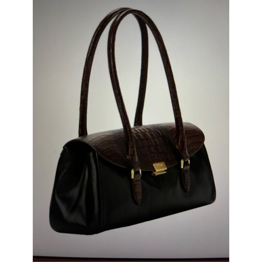Brahmin Brown Croc-Textured & Black Leather Satchel - Picture 3 of 6